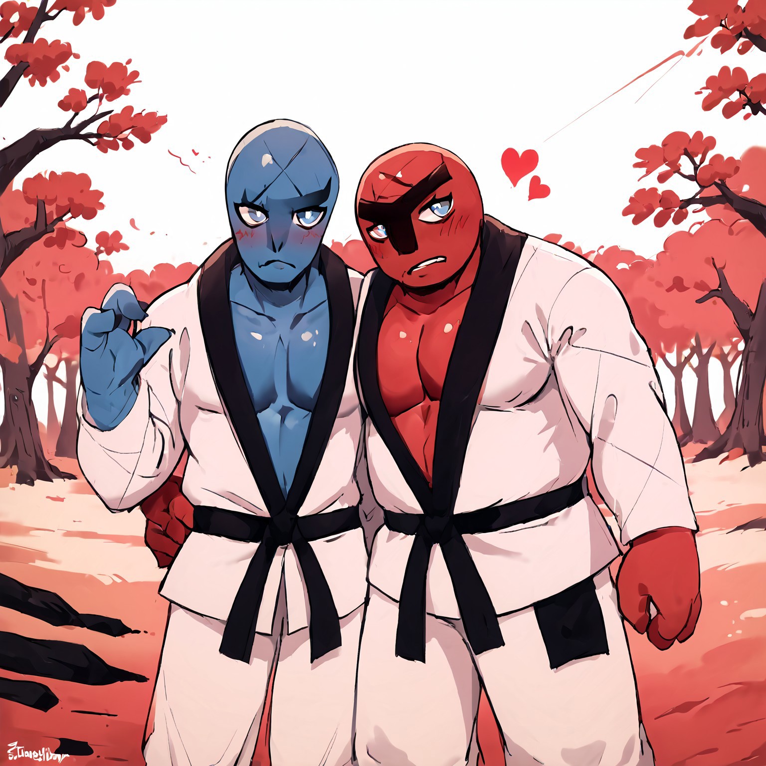 score_9, score_8_up, score_7_up, high res:1.5, uncensored, (2boys, Sawk, Throh, colored skin, blue skin, red skin, black belt, three fingers, muscular male, chubby male,) heart hand,