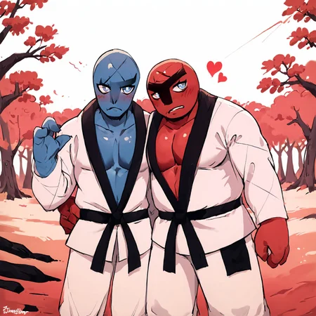 score_9, score_8_up, score_7_up, high res:1.5, uncensored, (2boys, Sawk, Throh, colored skin, blue skin, red skin, black belt, three fingers, muscular male, chubby male,) heart hand,