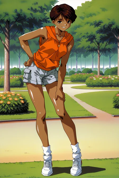 masterpiece, best quality, amazing quality, absurdres, solo, tohno mizuki, smirk, teeth, posing, standing, closed mouth, looking at viewer, short brown hair, brown eyes, dark skin, dark-skinned female, sleeveless orange hoodie, grey shorts, white sneakers, outdoors, park, trees, grass, flowers