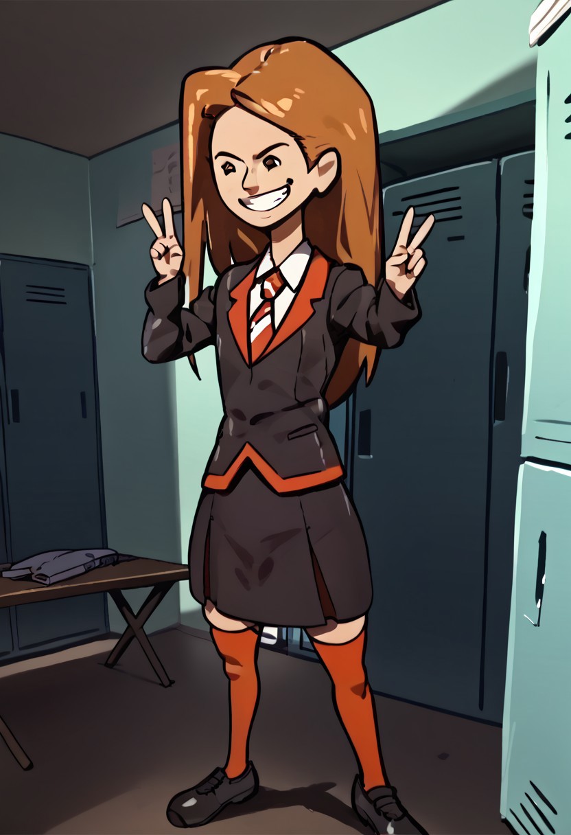 source_cartoon, score_9, score_9_up, score_8, score_8_up, score_7, score_7_up, score_6, score_6_up, highres, Rating_Safe, D-ART, D-ART Style, 18dart3, 18dart2, 18DART1, !!, ??, 
G2, 1girl, brown hair, long hair, dot eyes,
school uniform, jacket, necktie, skirt, socks, thighhighs, black shoes
smiling, grin, teeth, v, victory pose, locker room, indoors, grey walls, crowds, cowboy shot, dutch angle