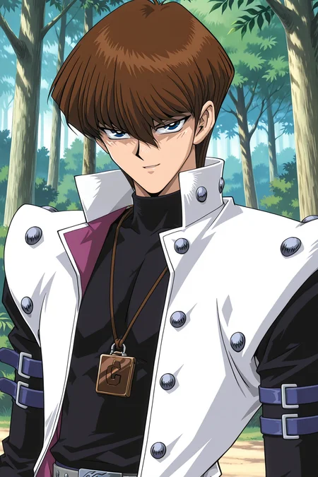 masterpiece,best quality,amazing quality, SetoKaibaYGOILXL, retro artstyle, 1boy, blue eyes, brown hair, short hair, hair between eyes, pectorals, turtleneck, white coat, open coat, black shirt, long sleeves, arm belt, necklace, guantlets, grey belt, blue pants, solo, front view, (portrait, upper body), solo focus, seductive smile, looking at viewer, forest, tree   <lora:SetoKaibaYGOILXL:1>
