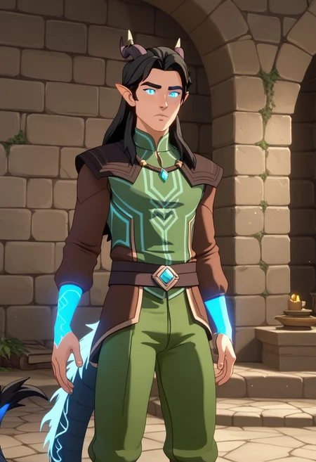 Score_9, Score_8, Score_7, TDPStyle, TeZiard, Earthelf, Brown Leahter Top, Green Pants, Black Hair, long Hair, standing on stone wall, crenelations, bust shot, 1boy, man, chiseled Chin, Horns, Black Tail, Blue Glowing Eyes, Part Dragon
