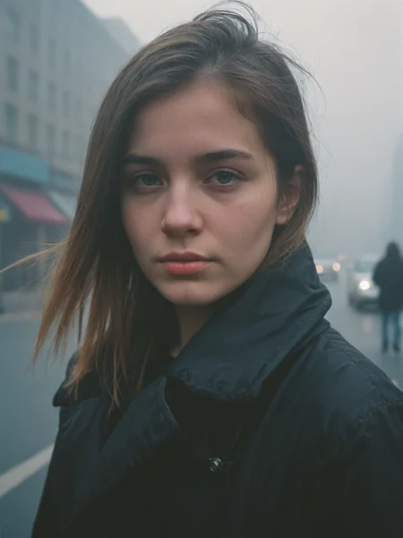 photography, city street, closeup portrait photo of young woman in dark clothes, daylight, fog, Fujifilm XT3, Canon R5, Fujicolor Fujichrome Velvia 100