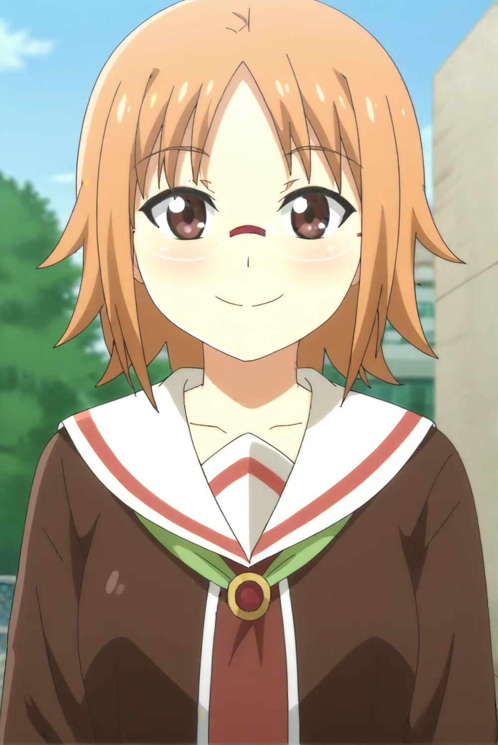 <lora:PIZDEC:0.8>, Mitchy Peligrima, 1girl, solo, upper body, smile, outdoors, school uniform, glasses