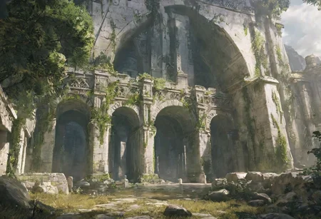 Massive forest enshrouding an elven city, in the forest, large white stone arch ways that stand over a white stone city that lie inside of a large forest. ethereal lighting, masterpiece, 8k, high resolution. white stone, archways, elvish architecture, dense forest, overgrown, elder scrolls. Forest surrounds the ruins. The background shows the first reaching far off into the distance.