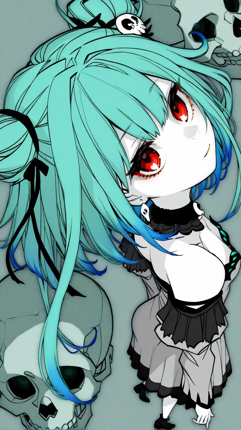 uruha_rushia, 1girl, solo, long_hair, looking_at_viewer, bangs, red_eyes, hair_between_eyes, monochrome, choker, virtual_youtuber, two_side_up, spot_color, skull, sideways