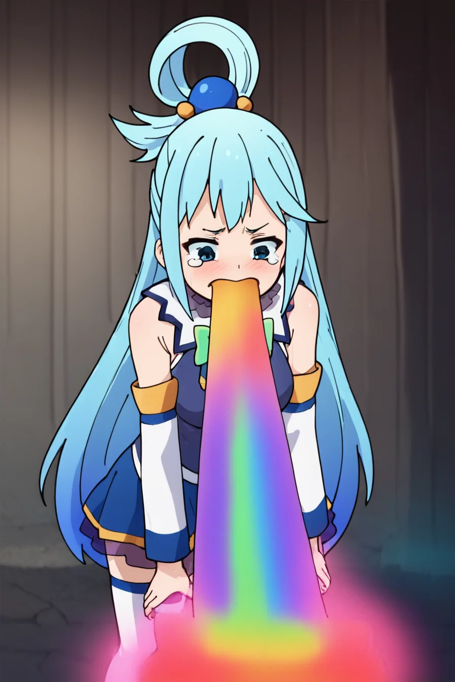 score_9, score_8_up, score_7_up, score_6_up, score_5_up, score_4_up, <lora:konosuba-aqua-s2-ponyxl-lora-nochekaiser:0.8> aqua \(konosuba\), long hair, blue eyes, hair ornament, very long hair, blue hair, hair rings, single hair ring, hair bobble, skirt, shirt, thighhighs, bare shoulders, detached sleeves, white thighhighs, blue skirt, blue shirt, green bow,<lora:Rainbow_vomit_meme:1>, 1girl, rainbows, looking down, leaning forward, tears, disgust, vomiting rainbows, vomit, masterpiece, highres