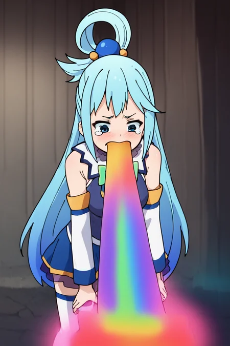 score_9, score_8_up, score_7_up, score_6_up, score_5_up, score_4_up, <lora:konosuba-aqua-s2-ponyxl-lora-nochekaiser:0.8> aqua \(konosuba\), long hair, blue eyes, hair ornament, very long hair, blue hair, hair rings, single hair ring, hair bobble, skirt, shirt, thighhighs, bare shoulders, detached sleeves, white thighhighs, blue skirt, blue shirt, green bow,<lora:Rainbow_vomit_meme:1>, 1girl, rainbows, looking down, leaning forward, tears, disgust, vomiting rainbows, vomit, masterpiece, highres