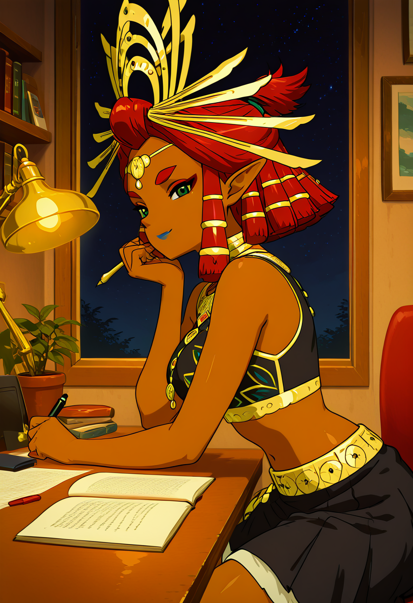 masterpiece, best quality, 1girl, solo, looking at viewer, smile,    zzRiju, green eyes, red hair, short hair, hair tubes, pointy ears, dark skin, makeup, thick eyebrows, blue lips,  crop top, midriff, black skirt,   <lora:RijuAnimeStyle_IXL_v1:1.0>,     , zzLofi, sitting, side view, desk, chair, book, bookshelf, head rest, holding, holding pen, lamp, night, open book, pen, plant, potted plant, sky, star (sky), starry sky, window, windowsill, writing, <lora:LofiGirl_Style_IXL:0.8>,
