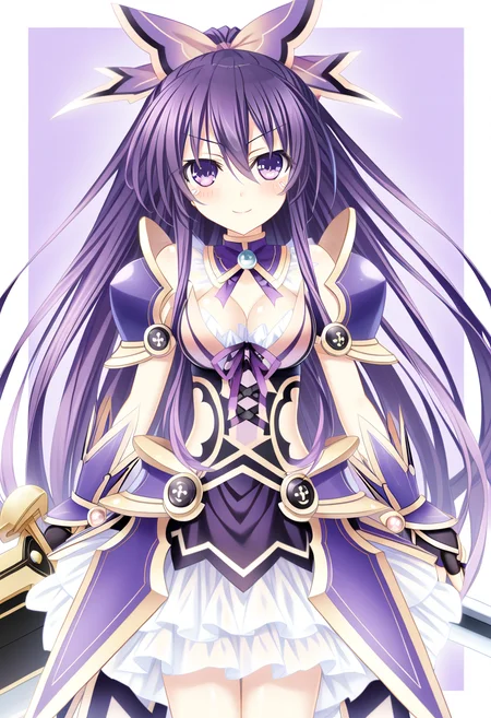 1girl, yatogami tooka, date a live, tsubasaki, armor, armored dress, bow, chibi, dress, frilled dress, frills, hair bow, long hair, ponytail, purple dress, purple eyes, purple hair, purple ribbon, ribbon, shoulder armor, smile, sword, weapon, very aesthetic, masterpiece, absurdres, <lora:serie-date_a_live>