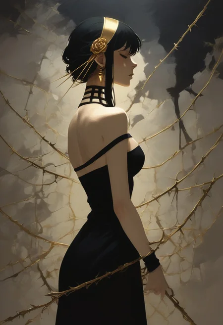 score_9,score_8_up,silhouette_with_gold_foil,1girl, yor_briar, thorn princess,