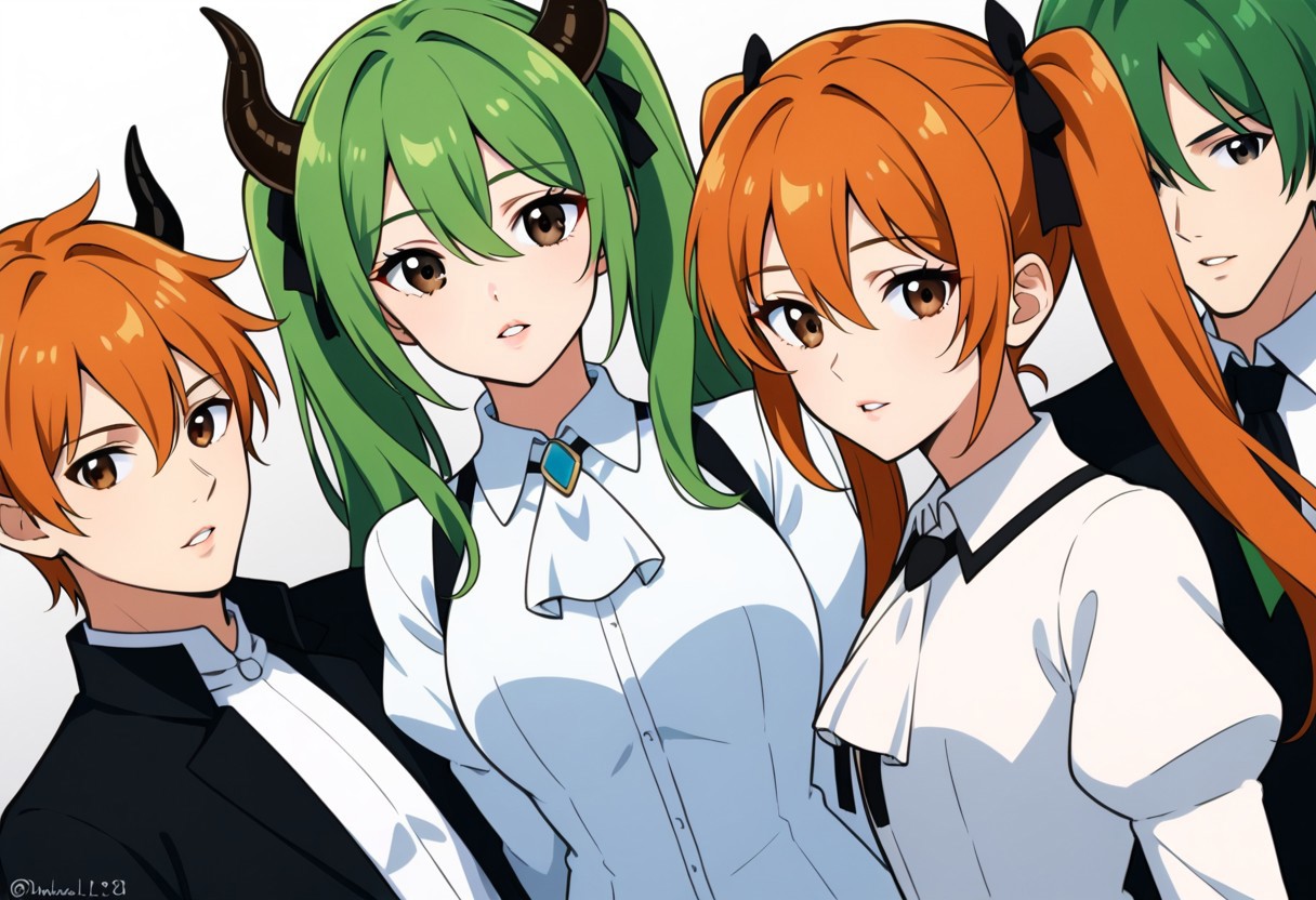 Dutch angle, Tilted frame, Diagonal composition, Slanted pose, Dynamic tilt, 1girl, long hair, looking at viewer, short hair, bangs, shirt, long sleeves, bow, ribbon, hair between eyes, twintails, brown eyes, white shirt, parted lips, green hair, multiple boys, horns, puffy sleeves, 2boys, twitter username, orange hair, black eyes, ascot, dutch angle, white ascot