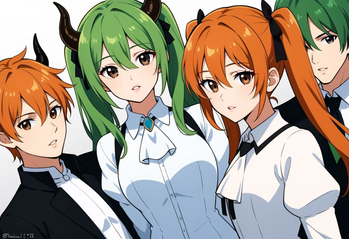 Dutch angle, Tilted frame, Diagonal composition, Slanted pose, Dynamic tilt, 1girl, long hair, looking at viewer, short hair, bangs, shirt, long sleeves, bow, ribbon, hair between eyes, twintails, brown eyes, white shirt, parted lips, green hair, multiple boys, horns, puffy sleeves, 2boys, twitter username, orange hair, black eyes, ascot, dutch angle, white ascot