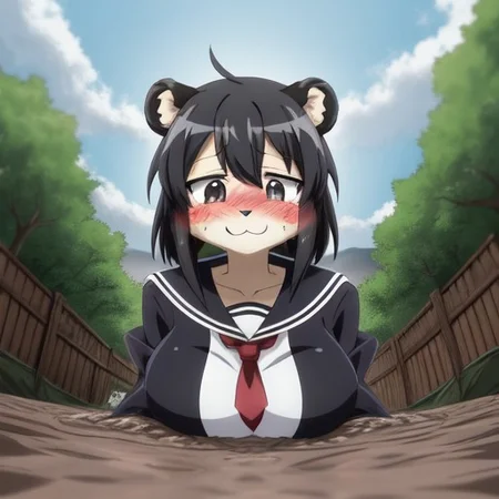 1girl, solo, large breast, (furry cougar girl:1.3), (anime face:1.5), (black hair:1.5), white serafuku, sailor fuku, long sleeve, partially submerged, in mud, quicksand, flooding up to the chest, upper body, raised eyebrows, seductive smile, Hokkaido, japanese city, neighborhood, (blush:1.5), (from below:1.5),