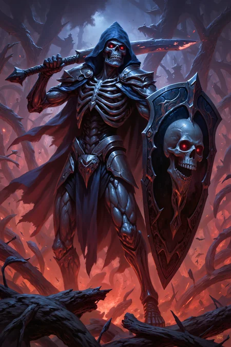 a skeletal warrior is defending with his black shield. The shield has a skull symbol on it. Fantastic lighting. Detailed shadows.intricate details, vivid colors, hyper-detailed, ultra-sharp, mtg <lora:MTG_-_FLUX:0.65><lora:FluxDFaeTasticDetails:0.5><lora:detailed_v2_flux_ntc><lora:RetroAnimeFluxV1:0.2><lora:Flux_Fantasy_Portraits:0.5>