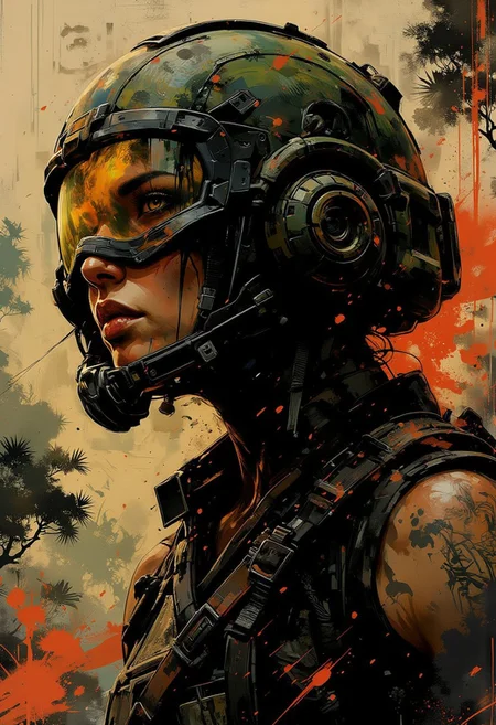 in the style of ck-mgs, nistyle, A dinkfsn style ink wash painting, on rice paper, sepia, henna , Silhouette Art, magnificent, closeup portrait of stunning japanese female sc-fi soldier, helmet, mirrored visor reflecting jungle environment