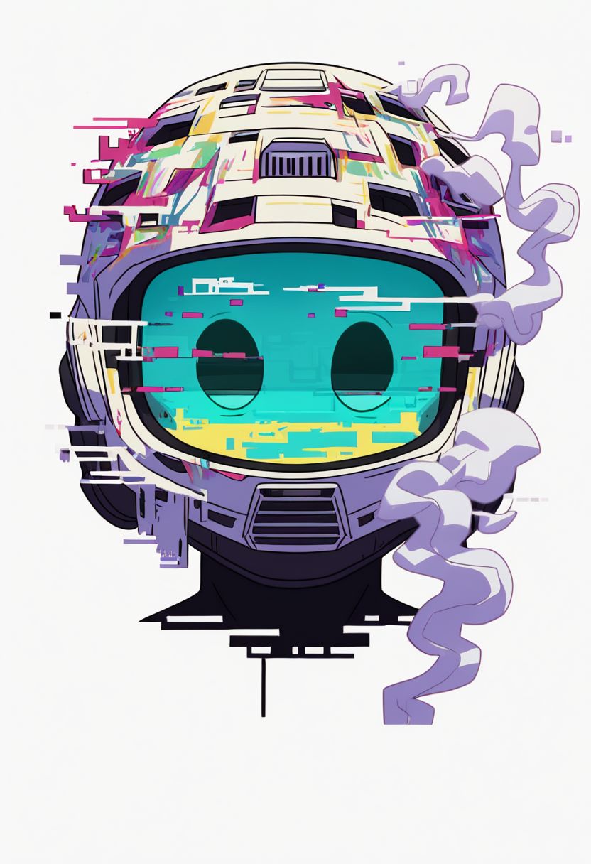 did vaporwave style, solo, male focus, helmet, 1boy, white background, upper body, science fiction, simple background, vapor, smoke, glitch,  horror (theme),  glowing,  zPDXL2