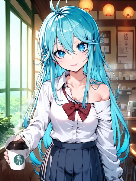 score_9, score_8_up, score_7_up, score_6_up,
source_anime, detailed background,
1girl, solo, cowboy shot, looking at viewer,
indoors, cafe, coffee cup, steam,
long hair, aqua hair, hair between eyes, sidelocks, ahoge,
blue eyes, brilliant eyes, tsurime, thick eyelashes, long eyelashes, black eyelashes,
closed mouth, smile, parted lips,
small breasts, school uniform, skirt, off shoulder,
<lora:touwa_erio_v1:1> touwa_erio_v1,
<lora:Expressive_H:0.8> Expressiveh,
<lora:StS_detail_slider_v1:2.5>,
<lora:Pony_DetailV2.0:2.5>,
<lora:Worldly_XL:0.6>