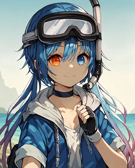 score_9, score_8_up, score_7_up, score_6_up, score_5_up, score_4_up, <lora:spp-1:0.8>, 1girl, solo, spp1, blue hair, low twintails, long hair, gradient hair, blue eyes, heterochromia, orange eyes, diving mask, snorkel, blue hoodie jacket, white inner shirt, short sleeves, diving mask, snorkel, fingerless gloves, choker, close-up view, smiling,