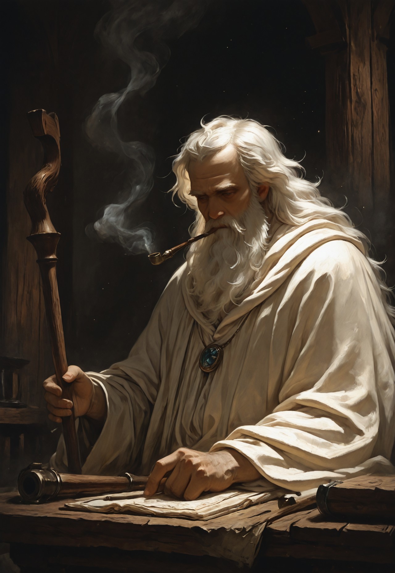 mgh2, 1boy, solo, beard, facial_hair, old, long beard, white_beard, gandalf, very long hair, (white_hair), long_robes, white_robes, stoic, holding, holding_pipe, smoking_pipe, smoke, wooden_pipe, upper_body, close up, sitting, wizard, (wizard-staff), dark, scholar, wooden_table, scrolls, dark_background, scenery, light particles, foreshortening, blurry_foreground, depth of field, masterfully drawn, masterpiece, amazing quality, beautifully painted, elegantly detailed, very aesthetic