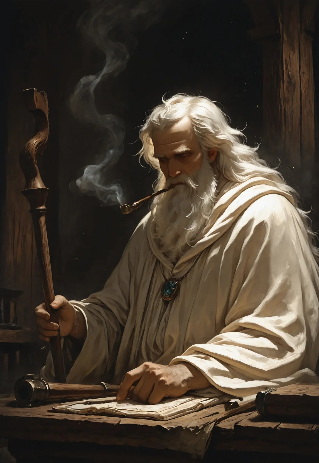 mgh2, 1boy, solo, beard, facial_hair, old, long beard, white_beard, gandalf, very long hair, (white_hair), long_robes, white_robes, stoic, holding, holding_pipe, smoking_pipe, smoke, wooden_pipe, upper_body, close up, sitting, wizard, (wizard-staff), dark, scholar, wooden_table, scrolls, dark_background, scenery, light particles, foreshortening, blurry_foreground, depth of field, masterfully drawn, masterpiece, amazing quality, beautifully painted, elegantly detailed, very aesthetic