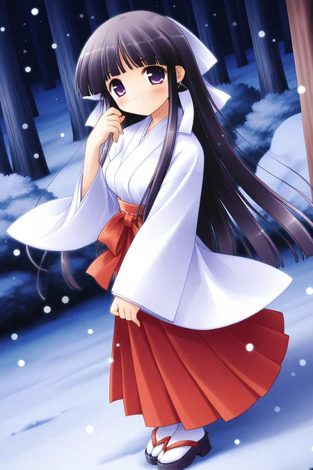 masterpiece, best quality, absurdres, official art, official style, general BREAK <lora:arisakamatsuri_IL_v1-2:0.7>, arisaka matsuri, 1girl, solo, purple eyes, black hair, purple hair, very long hair, blunt bangs, hime cut, sidelocks, hair ribbon, white ribbon, medium breasts, large breasts, earrings, miko, white kimono, long sleeves, wide sleeves, red sash, red bow, waist bow, red hakama, hakama skirt, tabi, geta, sandals, dutch angle, blush, smile, looking at viewer, full body, standing, from side, glowing, outdoors, scenery, winter, night, nature, tree, forest, snow, snowing, wind, floating hair, wind lift, from above