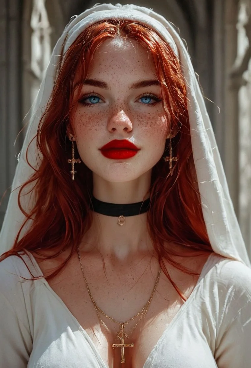 score_9, score_8_up, score_7_up, Expressive, 1woman, 18 years old, gorgeous, beautiful, perfect face, tiny body, beautiful face, very long red hair, pale skin, blushing, freckles, tiny ass, pornstar Freckles, white manicure, earrings, black choker with crucifix pendant, wanton, red lipstick, nun, church setting, on knees, slutty, bright blue eyes, hands in prayer, full body portrait, slight smile