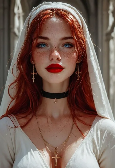 score_9, score_8_up, score_7_up, Expressive, 1woman, 18 years old, gorgeous, beautiful, perfect face, tiny body, beautiful face, very long red hair, pale skin, blushing, freckles, tiny ass, pornstar Freckles, white manicure, earrings, black choker with crucifix pendant, wanton, red lipstick, nun, church setting, on knees, slutty, bright blue eyes, hands in prayer, full body portrait, slight smile
