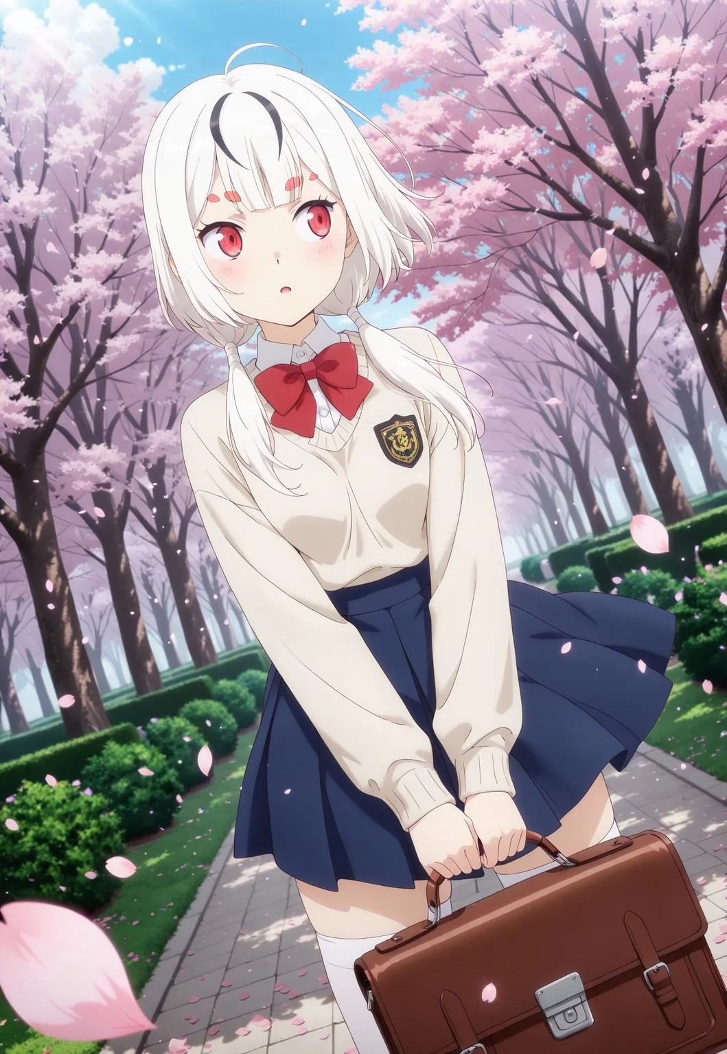 Smooth Quality, highres, hi res, best quality, masterpiece, intricate details, absurdres, 8k, (official art, anime screencap:1.1), glitter, depth of field, pinup, Glamor,
BREAK
BREAK
1girl, red eyes, white hair, strands of black hair,  twintails,
BREAK
school uniform, white shirt, blue skirt, red bowtie, beige sweater, white thighhighs,
holding bag, school briefcase,
outdoors, spring \(season\), sunlight, cherry blossoms, hanami, petals, wind,
dutch angle,