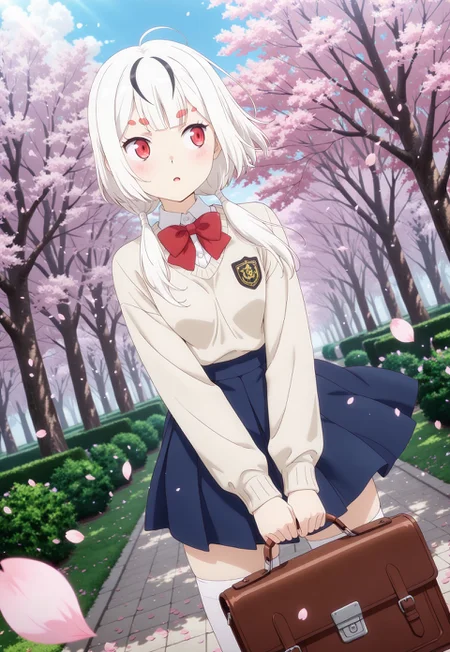 Smooth Quality, highres, hi res, best quality, masterpiece, intricate details, absurdres, 8k, (official art, anime screencap:1.1), glitter, depth of field, pinup, Glamor,
BREAK
BREAK
1girl, red eyes, white hair, strands of black hair, twintails,
BREAK
school uniform, white shirt, blue skirt, red bowtie, beige sweater, white thighhighs,
holding bag, school briefcase,
outdoors, spring \(season\), sunlight, cherry blossoms, hanami, petals, wind,
dutch angle,
