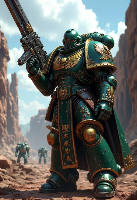 A towering imperial fists Warhammer 40k Space Marine in full ceramite power armor, standing amidst a war-torn battlefield with a bolter pistol and a chainsaw-sword.