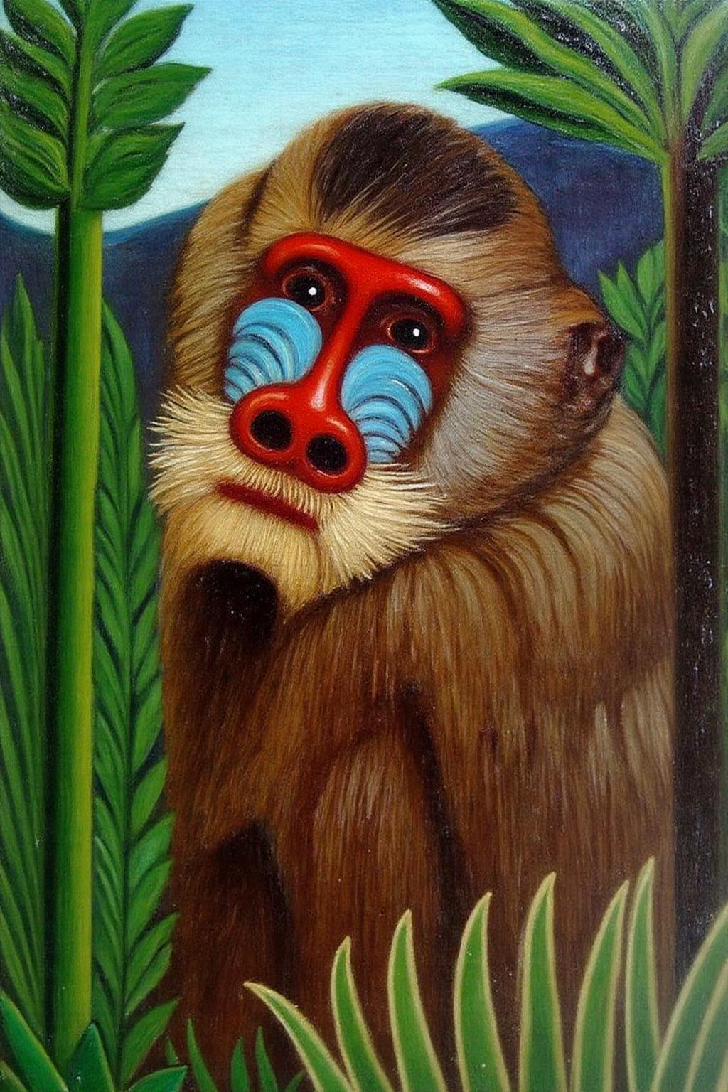henrou1 painting
a mandrill, a type of monkey, rendered in a vibrant, expressive style. The mandrill is depicted in a lush, tropical setting, with the background suggesting dense foliage and a hint of a distant mountain range. The monkey's face is the central focus, showcasing its distinctive features: a bright red face with blue and white facial markings, particularly prominent blue around the eyes and a white stripe down the nose. <lora:henrou1_jungle_cap_d6a3e14:1.0><lora:817699620969912655:0>
