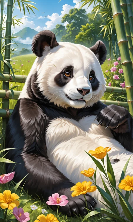 (photorealism:1.5)
cute panda, lying on the grass, relaxed expression, surrounded by flowers, bamboo fence, sunny day, detailed fur, high detail, photorealistic, vibrant colors