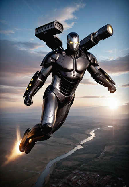 score_9, score_8_up, score_7_up, War machine, black armor, modern armor, modern suit, flying, side view, futuristic metal armor, (((realistic, photorealistic))), heroic flight pose, flying with fist forward, yellow glowing eyes
