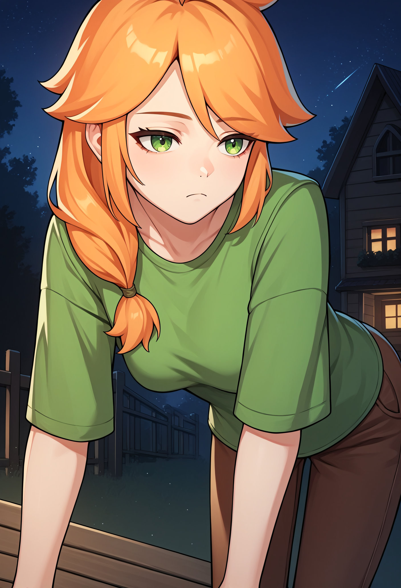 score_9, score_8_up, score_7_up, score_6_up, score_5_up, score_4_up, source_anime, 1girl, solo,  <lora:Alex_Moja:1> mmalex, orange hair, green eyes, green shirt, brown pants, , night sky, night, bending over, house, tired
