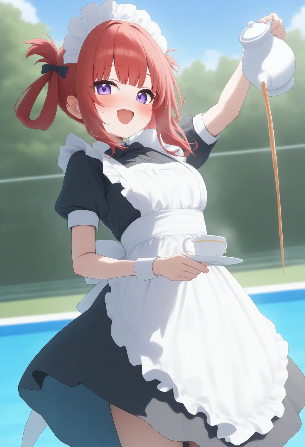 1girl,(sho \(sho lwlw\):0.7),(toosaka asagi:0.5),(sincos:0.3),
masterpiece,best quality, very aesthetic, absurdres,highres,4k,(ultra-detailed:1.4) (illustration:0.5), (ray tracing,:0.8),(anime colored:0.7),(ai-generated:0.5), (anime screencap:1.2),official art,
maid,maid headdress, maid apron,
pouring,decantering, holding teapot, holding saucer, tea, standing, arm up,<lora:pouring_XL_v2:0.8>
from below, cowboy shot, looking at viewer, blue hair, black eyes,anguish, outdoor swimming pool, open mouth, hair rings hair,,