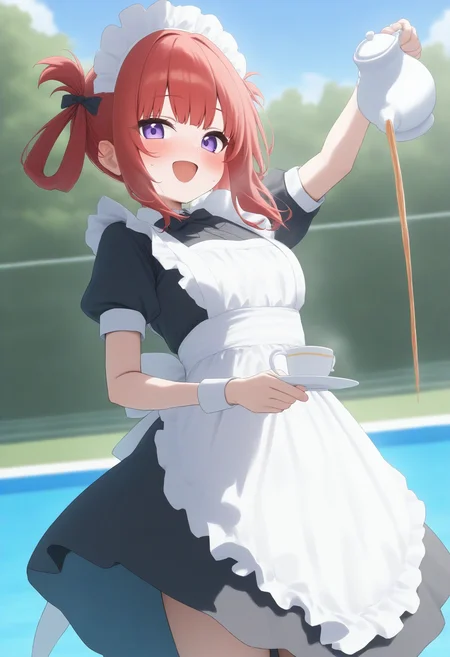 1girl,(sho \(sho lwlw\):0.7),(toosaka asagi:0.5),(sincos:0.3),
masterpiece,best quality, very aesthetic, absurdres,highres,4k,(ultra-detailed:1.4) (illustration:0.5), (ray tracing,:0.8),(anime colored:0.7),(ai-generated:0.5), (anime screencap:1.2),official art,
maid,maid headdress, maid apron,
pouring,decantering, holding teapot, holding saucer, tea, standing, arm up,<lora:pouring_XL_v2:0.8>
from below, cowboy shot, looking at viewer, blue hair, black eyes,anguish, outdoor swimming pool, open mouth, hair rings hair,,