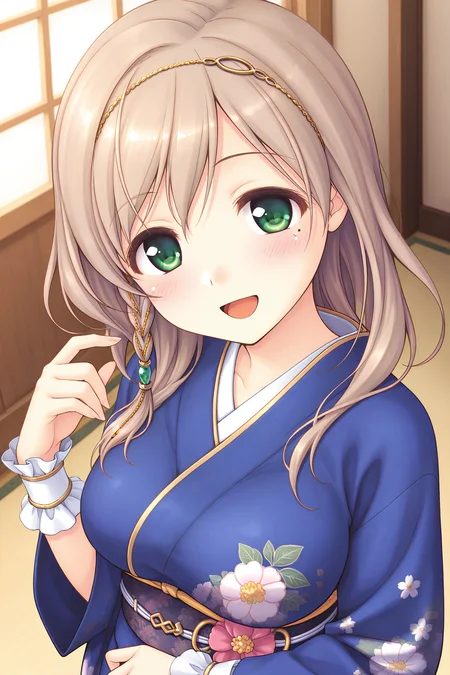 masterpiece, best quality, absurdres, official art, official style, rating general BREAK <lora:sarashinamutsumi_IL_v1-1:0.7>, sarashina mutsumi, 1girl, solo, green eyes, mole under eye, light brown hair, long hair, single braid, side braid, hair between eyes, swept bangs, head chain, gold trim, hair tubes, green gem, hair over shoulder, large breasts, medium breasts, japanese clothes, blue kimono, short kimono, print kimono, floral print, long sleeves, wide sleeves, wrist cuffs, close-up, portrait, upper body, indoors,
blush, looking at viewer, open mouth, smile