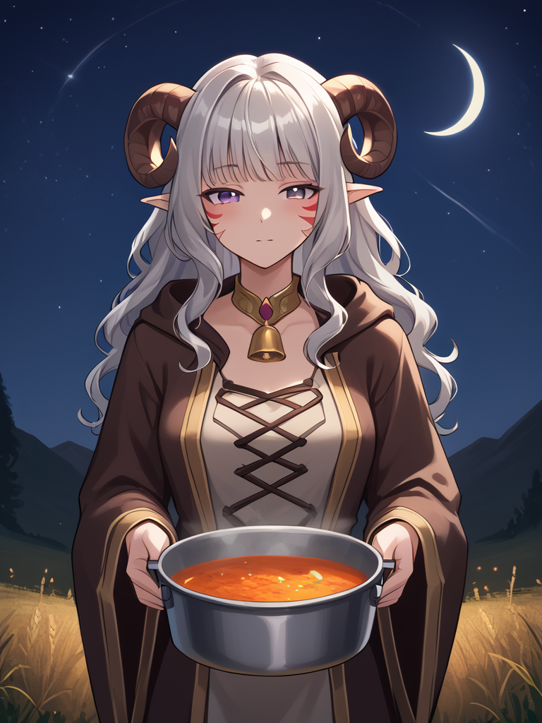 <lora:whisker_markings:0.8>red whisker_markings , cooking pot, night sky, meadow, looking at viwer, 
, source_furry, score_7_up, rating_safe, cowboy shot, gold necklace, tiefing, short pointed ears, brown horns, (a pair of brown sheep Horns that begin at her temples and curve back: 1.5), bangs, long silver hair long wavy hair, pale skin, short pointy ears, purple eyes, <lora:age_slider_v4:0.6>   medium breasts, skinny female, close up, silver hair, <lora:Tieflingnew weird fantasyDND:0.3> Tiefling, pointed ears, horns, half-closed eyes<lora:Smooth Style 2 SDXL_LoRA_Pony Diffusion V6 XL:0.5> bell, robe, hood off, <lora:cooking_pot:1>