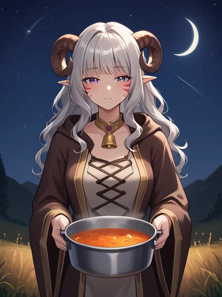 <lora:whisker_markings:0.8>red whisker_markings , cooking pot, night sky, meadow, looking at viwer, 
, source_furry, score_7_up, rating_safe, cowboy shot, gold necklace, tiefing, short pointed ears, brown horns, (a pair of brown sheep Horns that begin at her temples and curve back: 1.5), bangs, long silver hair long wavy hair, pale skin, short pointy ears, purple eyes, <lora:age_slider_v4:0.6>   medium breasts, skinny female, close up, silver hair, <lora:Tieflingnew weird fantasyDND:0.3> Tiefling, pointed ears, horns, half-closed eyes<lora:Smooth Style 2 SDXL_LoRA_Pony Diffusion V6 XL:0.5> bell, robe, hood off, <lora:cooking_pot:1>