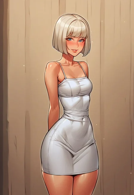 score_9, score_8_up, score_8,1 girl, solo,blonde, bob cut and long twintails, platinum blonde, small breasts, sundress, massive hips, huge things, hyper things, long legs, shy, exhausted, in love, hands behind her back, looking at viewer, soft smile, upper body focus,