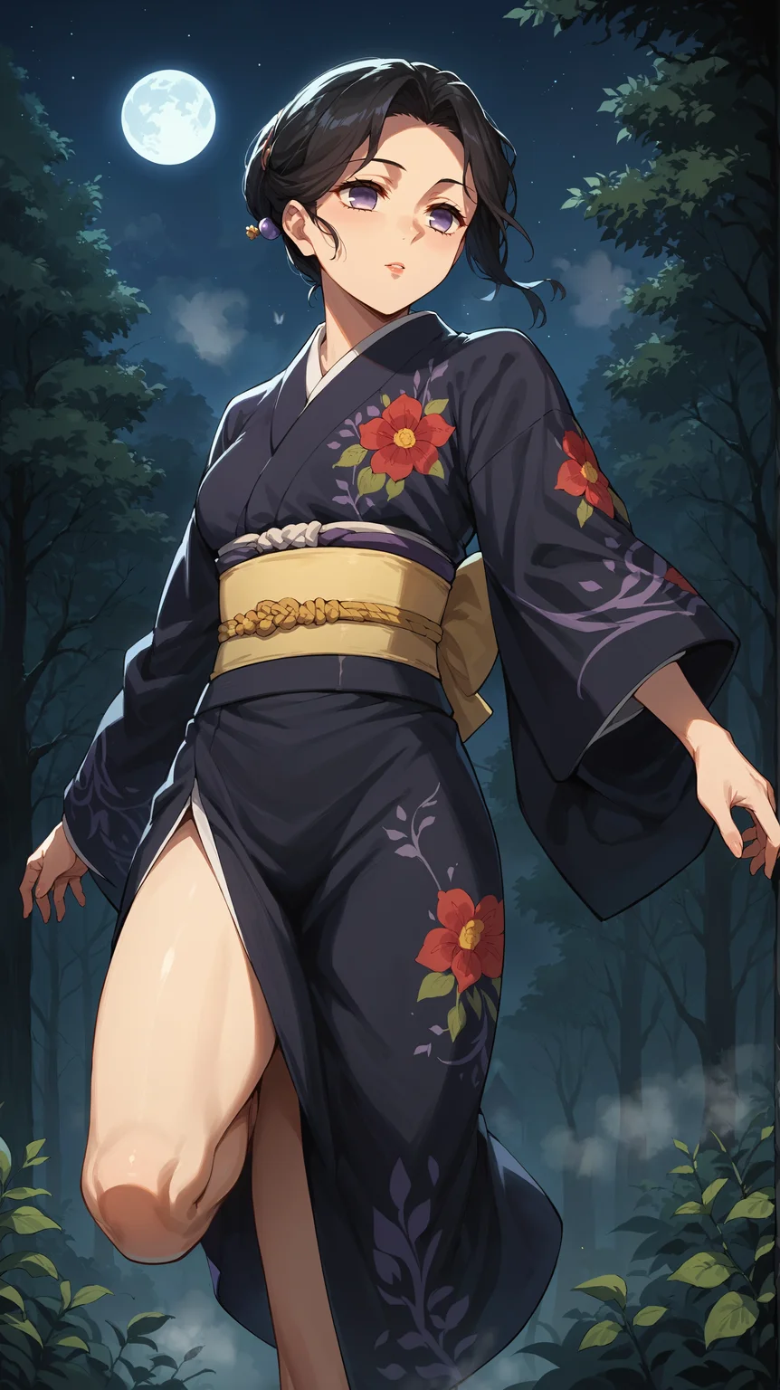 score_9,score_8_up,score_7_up,score_6_up, source_anime, zPDXL3, <lora:xl_more_art-full_v1:0.5>, woman, dynamic pose, leg up, <lora:Tamayo - Pony-000004:0.8>, black hair, hair up, empty eyes, hair ornament, japanese clothes, purple kimono, floral print, yellow obi, forest, mist, fog, night, night sky,