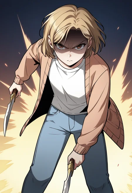 score_9, score_8_up, score_7_up, source_anime,anime screencap, anime coloring,intricate details,rating_safe, masterpiece, best quality,
(best quality, absurd res, ultra detailed),1girl, ((solo)), good eyes,perfect eyes,,detailed eyes, zPDXLxxx , zPDXL3,detailed, detailed face, <lora:add-detail-xl:3>,(4 finger)
BREAK
<lora:shin_yoosung:0.8>, shinyoosung, short hair, blonde hair, brown eyes, white shirt, open cardigan, long sleeves, blue pants, jeans, denim, 
BREAK
solo, standing,front view, fighting pose, weapon,knife,
angry,shaded face,glaring,