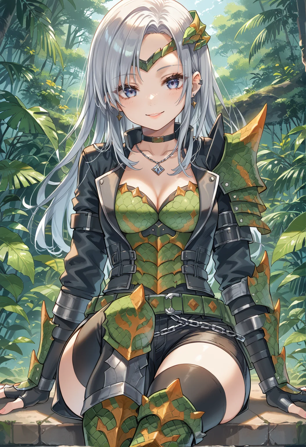 (score_9:0.9),score_8_up,score_7_up,rating_safe,anime style,(zPDXL),<lora:Espinas armor ponyXL v1.2:0.7>,1girl,green gauntlets,solo,long hair,smile,cleavage,looking at viewer,grey hair,medium breasts,sitting,collarbone,espinas armor,green breast armor,black shorts,green totem skirt,green pauldron,green knee boots,green hair ornament,green belt,
