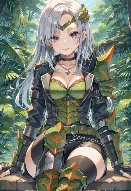 (score_9:0.9),score_8_up,score_7_up,rating_safe,anime style,(zPDXL),<lora:Espinas armor ponyXL v1.2:0.7>,1girl,green gauntlets,solo,long hair,smile,cleavage,looking at viewer,grey hair,medium breasts,sitting,collarbone,espinas armor,green breast armor,black shorts,green totem skirt,green pauldron,green knee boots,green hair ornament,green belt,
