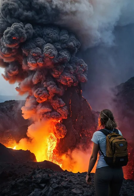 Super Closeup Portrait, polaroid film photography, soft focus, Polaroid Style, Low Tone colours, rear View, Female Busty hiker Standing close infront of erupting Vulcan and looking down into Lava, Lots of Lava spilling, Lava squirting through the Air, hot Air fog, Dangerous Situation, Smiling, photo at night, Amateur,