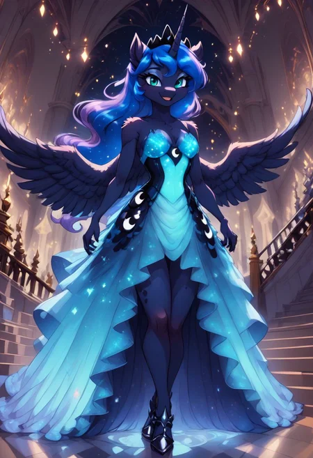 score_9, score_8_up, score_7_up, anthro,
(((Princess Luna))), alicorn, (spread wings), horn, regalia,
facing viewer, front view, female focus, view from chesthight,
g5, pony, female, mare, tail, dock, solo, 1girl, highly detailed, beautiful, detailed eyes, detailed fur, beautiful eyes, (tall), ((perfect body proportions), (beautiful long legs), darkblue skin
small breasts, show accurate skin colour,
long hair, fluffy hair, biggest hair,
(((walking ((down)) a grand staircase))), (((waving to viewer))), ((happy, excited, smiling at viewer invitingly)),
(((wearing a beautiful, eyecoloured, bioluminescent, shoulderfree ballgown))), glowing ballgown,
BREAK,
highly detailed background, (((nighttime))), night
inside Canterlot castle, ballroom, ((grand staircase)), mirror marble floor, (((dimmed lights in the room))),