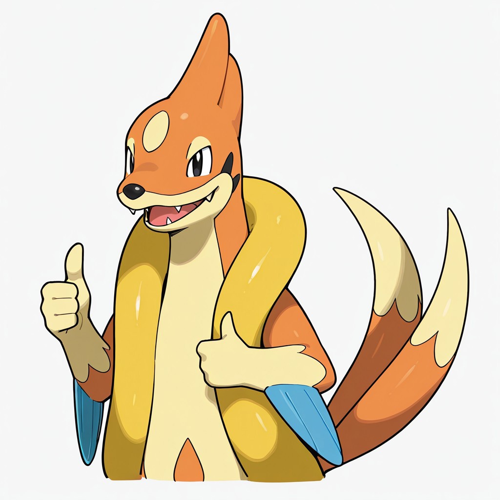 masterpiece, very detailed, very aesthetic, best quality, 8k, newest, solo, floatzel, two tails, small eyes, black eyes, fangs, pokemon (creature), orange fur, upper body, thumbs up, simple background, white background,