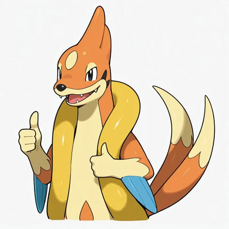 masterpiece, very detailed, very aesthetic, best quality, 8k, newest, solo, floatzel, two tails, small eyes, black eyes, fangs, pokemon (creature), orange fur, upper body, thumbs up, simple background, white background,