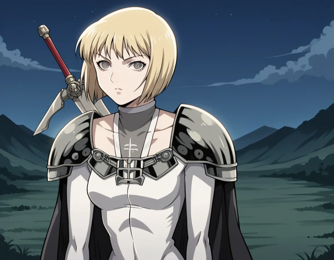 score_9, score_8_up, score_7_up, source_anime,
claymoreclaire, <lora:claymore-claire-s1-ponyxl-lora-nochekaiser:1>,
claire, short hair, blonde hair, grey eyes, bob cut, pale skin, white skin, ringed eyes,
weapon, sword, cape, armor, bodysuit, shoulder armor, pauldrons, shoulder pads,
outdoors, night, landscape, bent over,
solo, looking at viewer, cowboy shot, dutch angle,